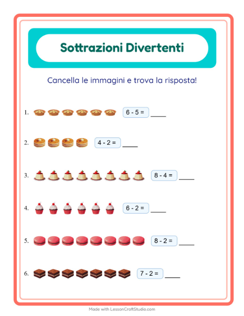 Anteprima della scheda di Sottrazione con Dolci e dolciumi per Scuola dell'infanzia (5-7 anni)