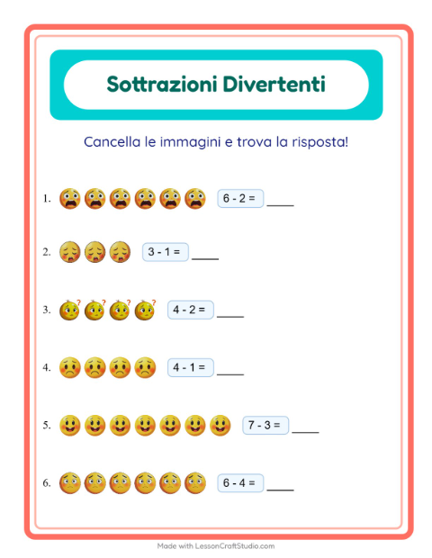 Anteprima della scheda di Sottrazione con Emozioni per Scuola dell'infanzia (5-7 anni)