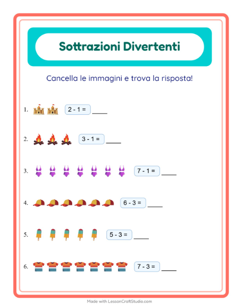Anteprima della scheda di Sottrazione con Estate per Scuola dell'infanzia (5-7 anni)