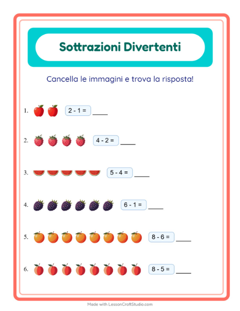 Anteprima della scheda di Sottrazione con Frutta per Scuola dell'infanzia (5-7 anni)