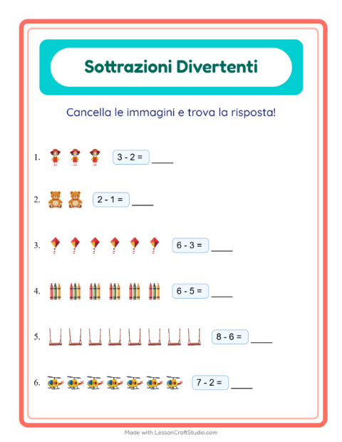 Anteprima della scheda di Sottrazione con Giocattoli per Scuola dell'infanzia (5-7 anni)
