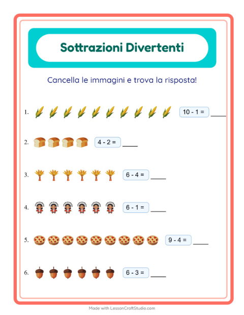 Anteprima della scheda di Sottrazione con Giorno del Ringraziamento per Scuola dell'infanzia (5-7 anni)