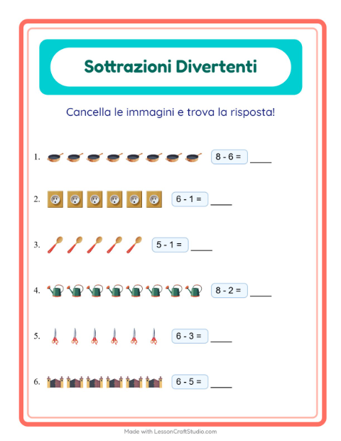 Anteprima della scheda di Sottrazione con In giro per casa per Scuola dell'infanzia (5-7 anni)