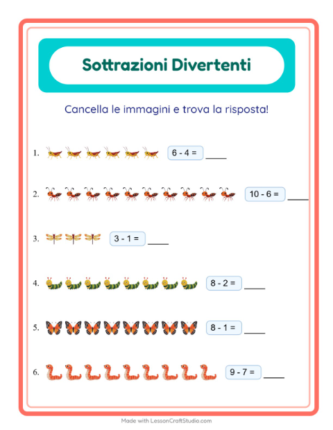 Anteprima della scheda di Sottrazione con Insetti e scarafaggi per Scuola dell'infanzia (5-7 anni)