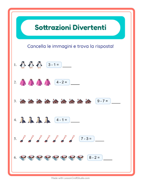 Anteprima della scheda di Sottrazione con Inverno per Scuola dell'infanzia (5-7 anni)