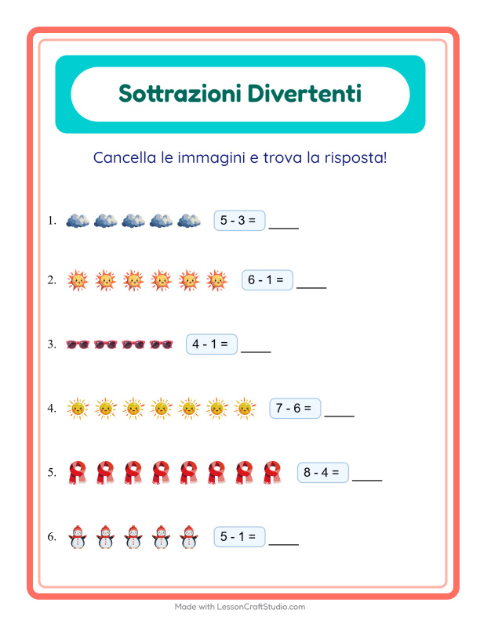 Anteprima della scheda di Sottrazione con Meteo per Scuola dell'infanzia (5-7 anni)