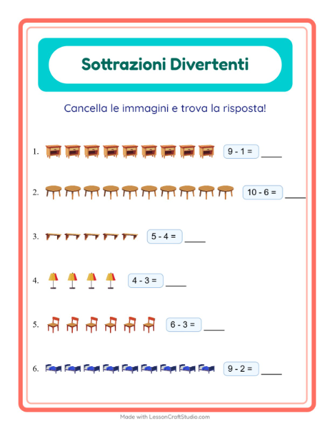 Anteprima della scheda di Sottrazione con Mobili per Scuola dell'infanzia (5-7 anni)
