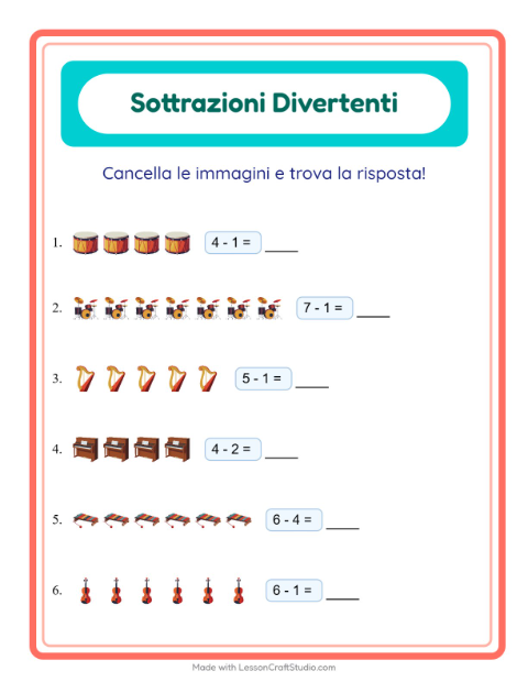 Anteprima della scheda di Sottrazione con Musica per Scuola dell'infanzia (5-7 anni)