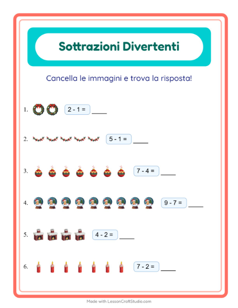 Anteprima della scheda di Sottrazione con Natale per Scuola dell'infanzia (5-7 anni)