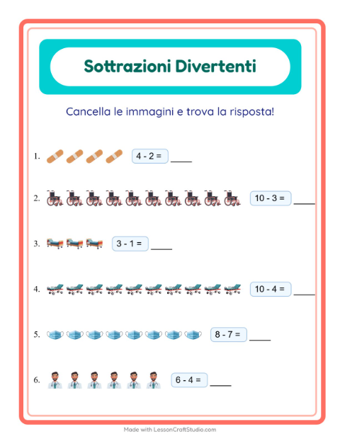 Anteprima della scheda di Sottrazione con Ospedale per Scuola dell'infanzia (5-7 anni)