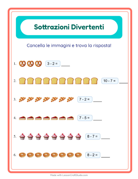 Anteprima della scheda di Sottrazione con Panetteria per Scuola dell'infanzia (5-7 anni)