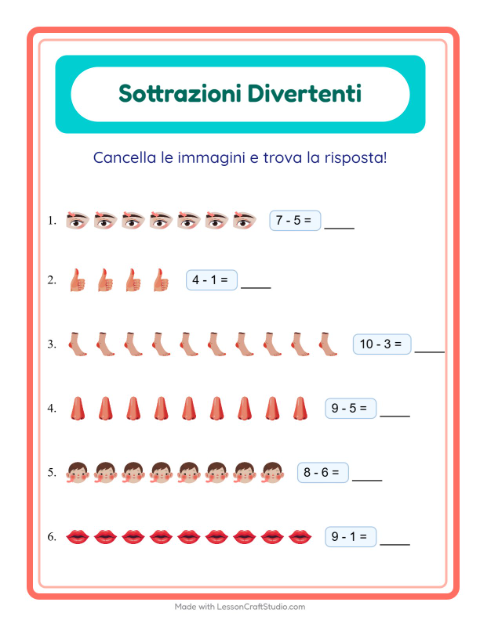 Anteprima della scheda di Sottrazione con Parti del corpo per Scuola dell'infanzia (5-7 anni)