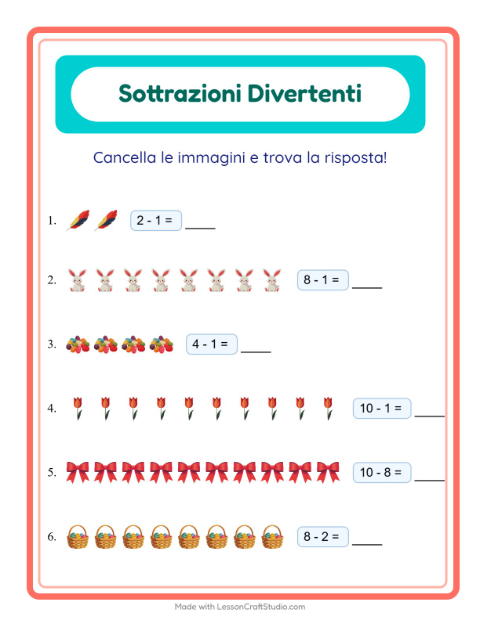 Anteprima della scheda di Sottrazione con Pasqua per Scuola dell'infanzia (5-7 anni)