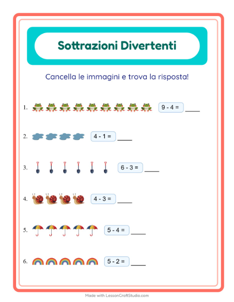 Anteprima della scheda di Sottrazione con Primavera per Scuola dell'infanzia (5-7 anni)