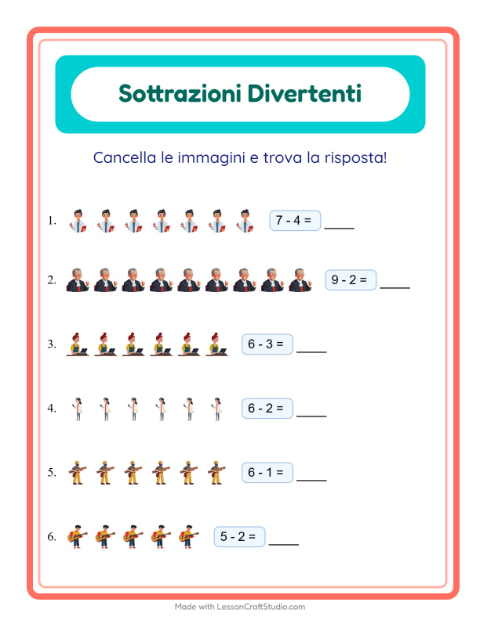 Anteprima della scheda di Sottrazione con Professioni per Scuola dell'infanzia (5-7 anni)