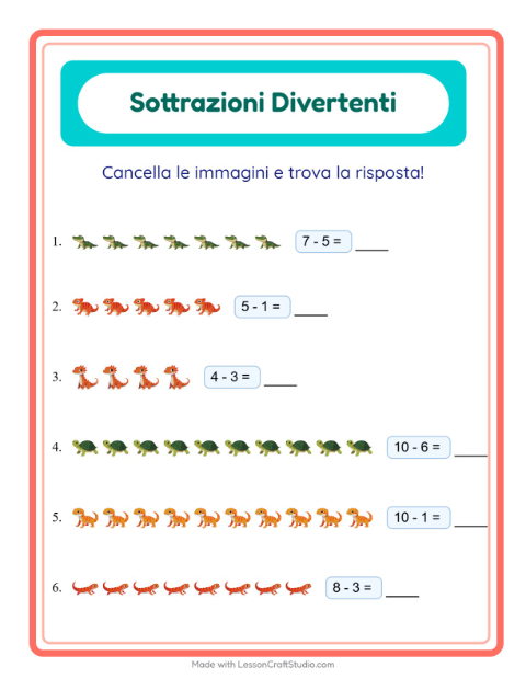 Anteprima della scheda di Sottrazione con Rettili e anfibi per Scuola dell'infanzia (5-7 anni)