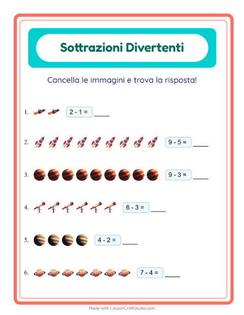 Anteprima della scheda di Sottrazione con Spazio per Scuola dell'infanzia (5-7 anni)