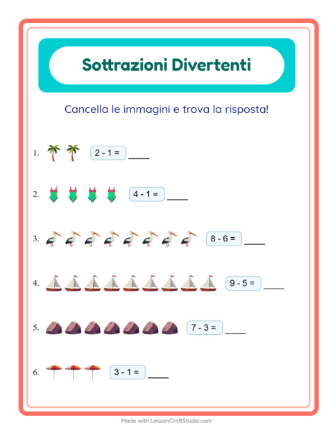 Anteprima della scheda di Sottrazione con Spiaggia per Scuola dell'infanzia (5-7 anni)