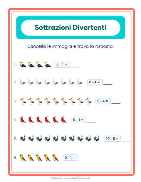 Anteprima della scheda di Sottrazione con Uccelli 2 per Scuola dell'infanzia (5-7 anni)