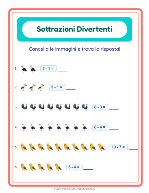 Anteprima della scheda di Sottrazione con Uccelli per Scuola dell'infanzia (5-7 anni)