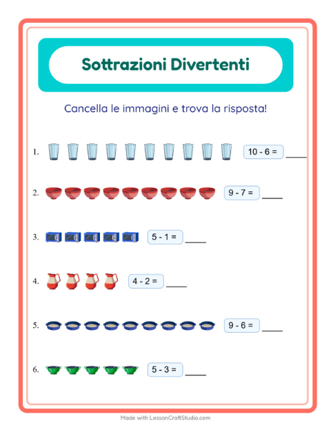Anteprima della scheda di Sottrazione con Utensili da cucina per Scuola dell'infanzia (5-7 anni)