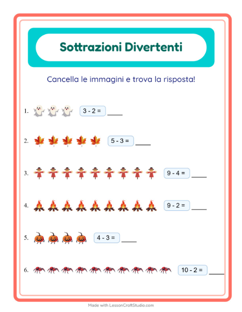 Anteprima della scheda di Sottrazione con Varie per Scuola dell'infanzia (5-7 anni)
