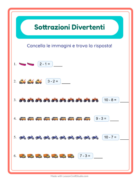 Anteprima della scheda di Sottrazione con Veicoli per Scuola dell'infanzia (5-7 anni)