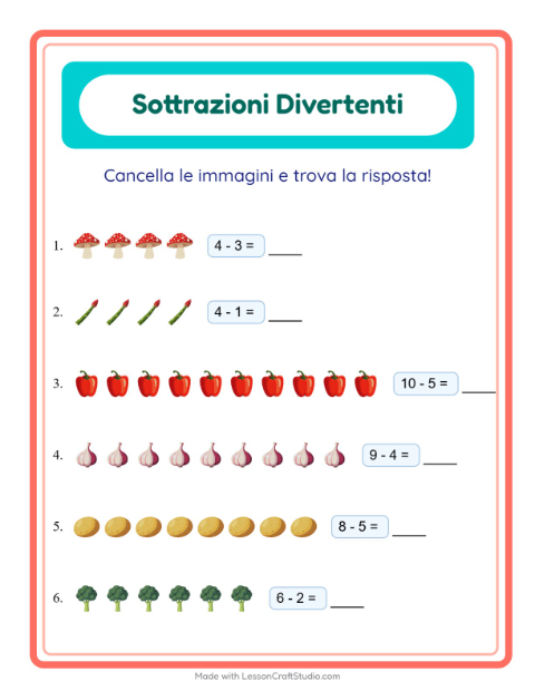Anteprima della scheda di Sottrazione con Verdure per Scuola dell'infanzia (5-7 anni)
