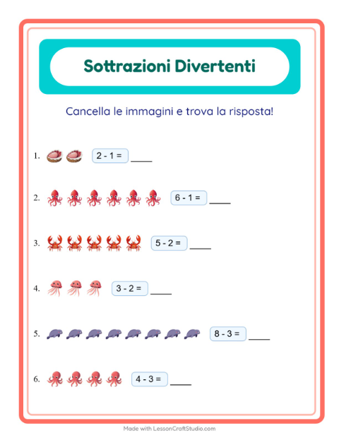 Anteprima della scheda di Sottrazione con Vita oceanica per Scuola dell'infanzia (5-7 anni)