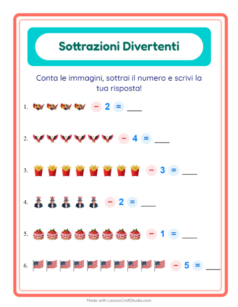 Anteprima della scheda di Sottrazione con 4 luglio per Scuola dell'infanzia (5-7 anni)