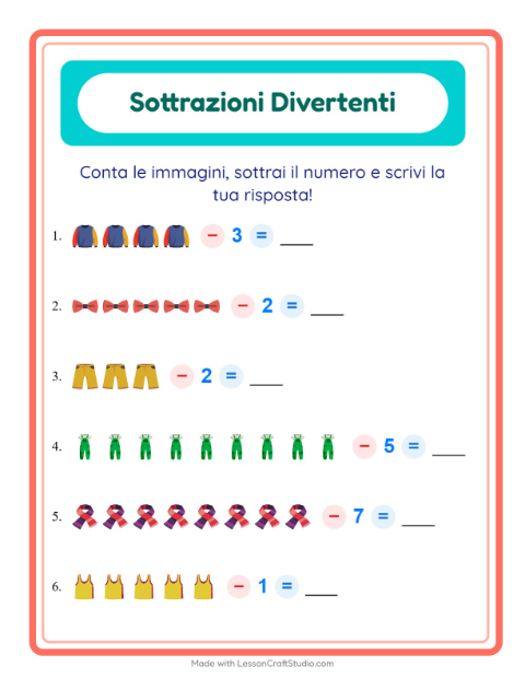 Anteprima della scheda di Sottrazione con Abbigliamento per Scuola dell'infanzia (5-7 anni)