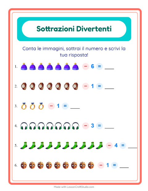 Anteprima della scheda di Sottrazione con Accessori per Scuola dell'infanzia (5-7 anni)