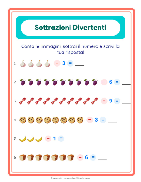 Anteprima della scheda di Sottrazione con Al supermercato per Scuola dell'infanzia (5-7 anni)