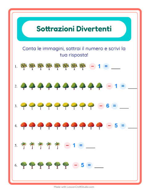 Anteprima della scheda di Sottrazione con Alberi per Scuola dell'infanzia (5-7 anni)
