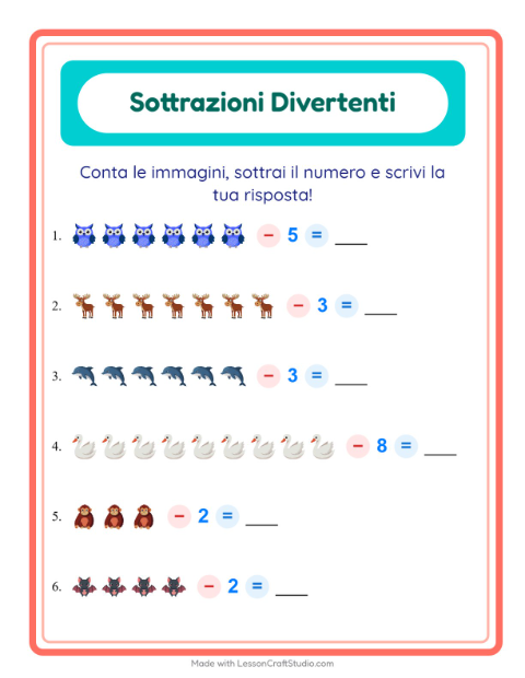Anteprima della scheda di Sottrazione con Animali per Scuola dell'infanzia (5-7 anni)