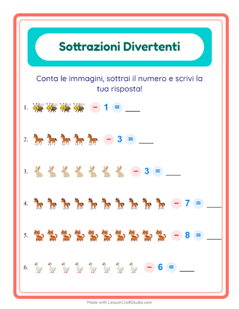 Anteprima della scheda di Sottrazione con Animali della fattoria per Scuola dell'infanzia (5-7 anni)