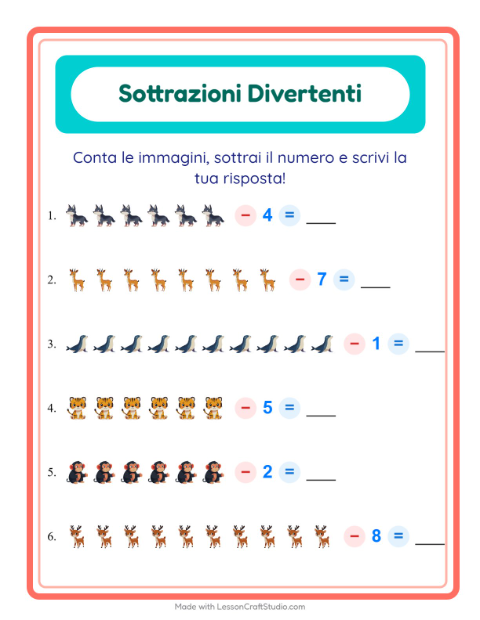 Anteprima della scheda di Sottrazione con Animali dello zoo per Scuola dell'infanzia (5-7 anni)