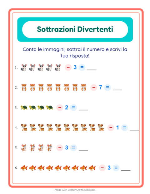 Anteprima della scheda di Sottrazione con Animali domestici per Scuola dell'infanzia (5-7 anni)