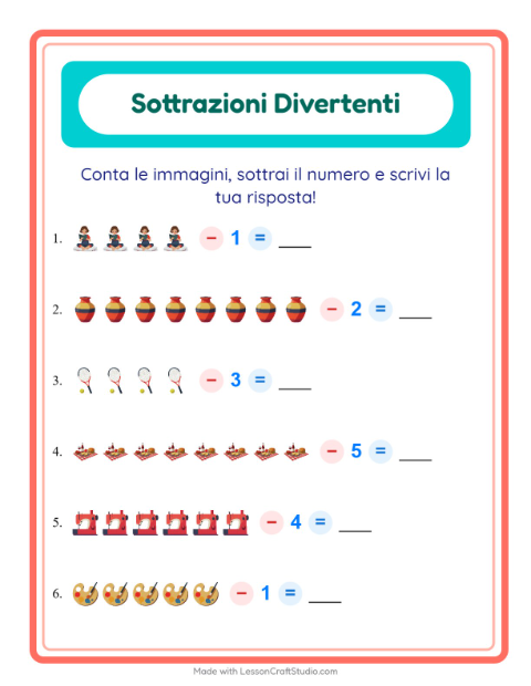 Anteprima della scheda di Sottrazione con Attività per Scuola dell'infanzia (5-7 anni)