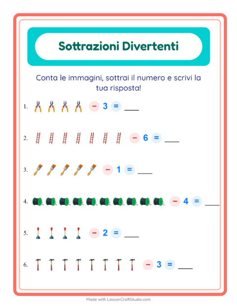 Anteprima della scheda di Sottrazione con Attrezzi per Scuola dell'infanzia (5-7 anni)