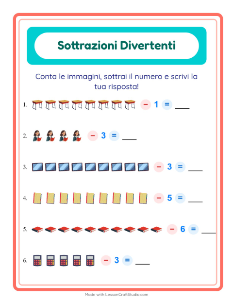 Anteprima della scheda di Sottrazione con Aula per Scuola dell'infanzia (5-7 anni)