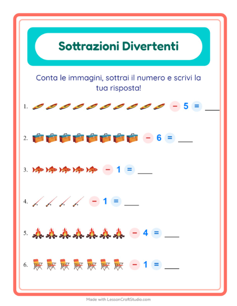 Anteprima della scheda di Sottrazione con Campeggio per Scuola dell'infanzia (5-7 anni)