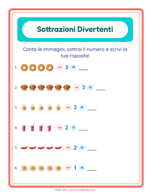 Anteprima della scheda di Sottrazione con Colazione per Scuola dell'infanzia (5-7 anni)