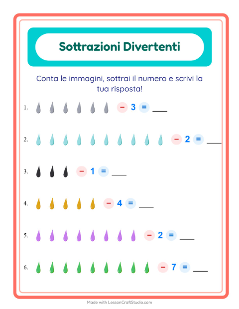 Anteprima della scheda di Sottrazione con Colori per Scuola dell'infanzia (5-7 anni)