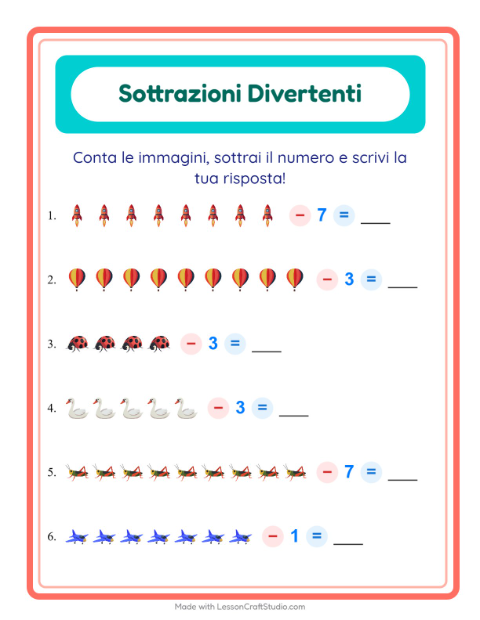 Anteprima della scheda di Sottrazione con Cose che volano per Scuola dell'infanzia (5-7 anni)