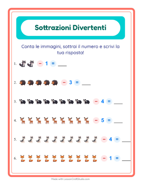 Anteprima della scheda di Sottrazione con Creature della foresta per Scuola dell'infanzia (5-7 anni)