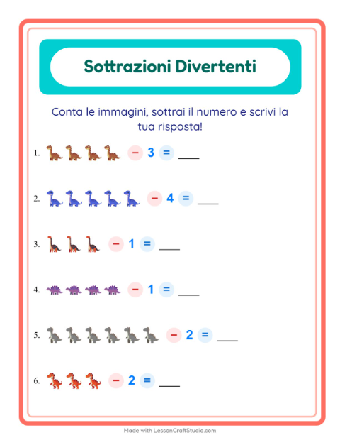 Anteprima della scheda di Sottrazione con Dinosauri per Scuola dell'infanzia (5-7 anni)