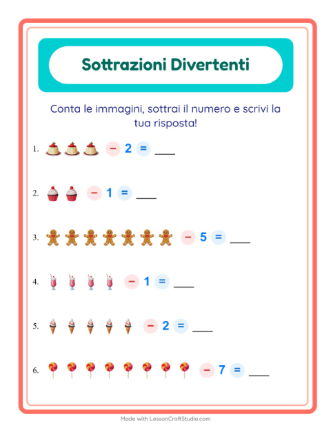 Anteprima della scheda di Sottrazione con Dolci e dolciumi per Scuola dell'infanzia (5-7 anni)