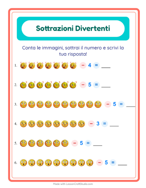 Anteprima della scheda di Sottrazione con Emozioni per Scuola dell'infanzia (5-7 anni)