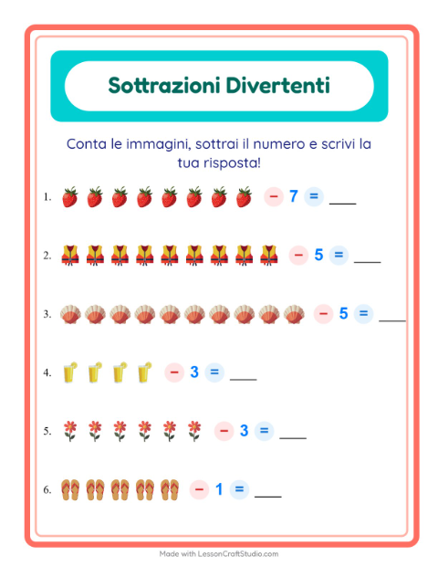 Anteprima della scheda di Sottrazione con Estate per Scuola dell'infanzia (5-7 anni)